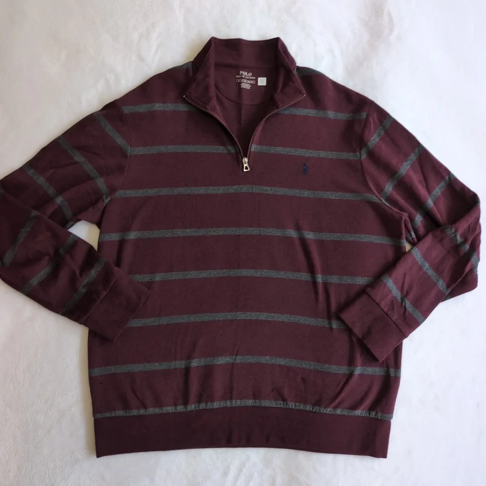 Polo Ralph Lauren Quarter Zip Pullover Mens XL Burgundy Striped Sweater Soft